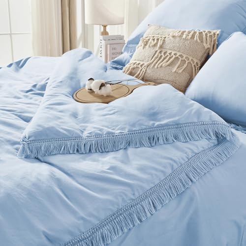 Image of Andency King Size Comforter Set with Sheets Light Blue - 7 Pieces Bed in a Bag Boho Soft Lightweight Bedding Sets, Tassel Bed Set with Comforter, Sheets, Pillowcases & Shams