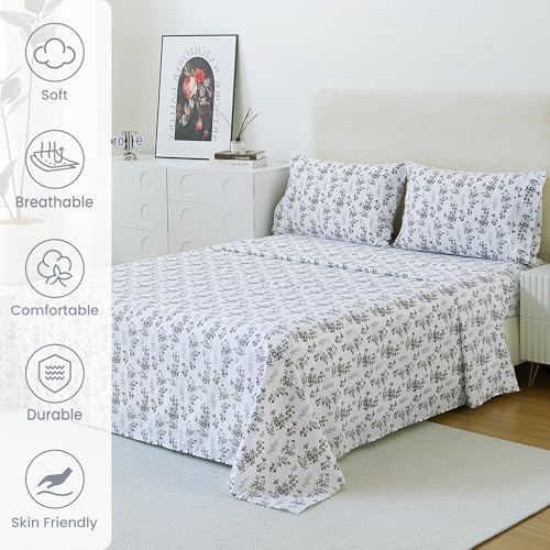 Image of Mooreeke Cozy Vintage Microfiber Printed Full Sheet Set - Soft Breathable Percale Cotton Floral Bed Sheets with Deep Pocket - Non-Slip Fitted Design - Gradient Grey Small Flowers Pattern