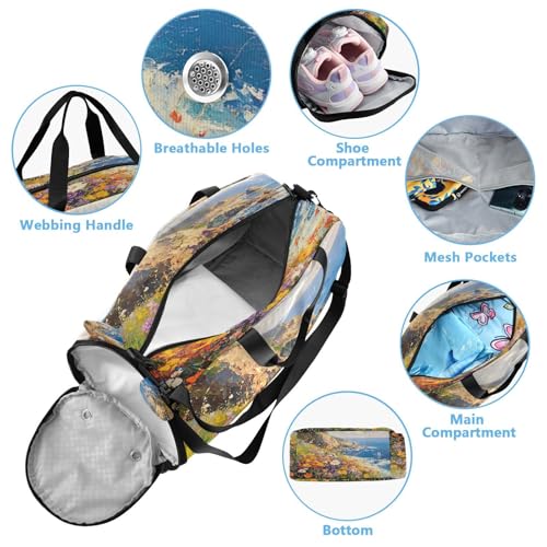 YETTASBIN Sport Travel Duffel Bag for Girls Boys, Art Painting Flower Large Waterproof Weekender Overnight Bag, Detachable Shoulder Strap Gym Bag with Shoe Compartment & Wet Pocket4