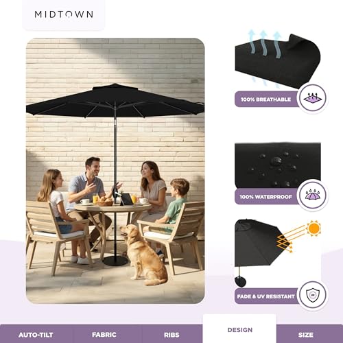 Image of Midtown Umbrellas - 10-Year-No-Fade 10 Ft Patio Umbrella with Terylast Fabric, Auto-Tilt Aluminum Frame and 8 Reinforced Ribs for Deck, Pool, Garden & Beach - Ebony Black Canopy, Black Pole