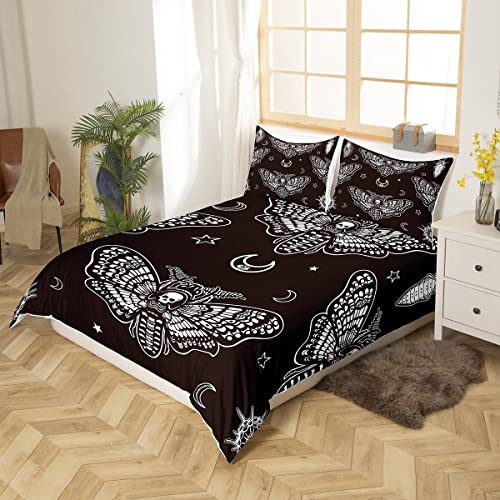 Manfei Death Moth Duvet Cover Set Queen Size, Boho Gothic Skull Bedding Set 3Pcs For Kids Boys Teens Room Decor, Black And White Comforter Cover With 2 Pillowcases #TOP1
