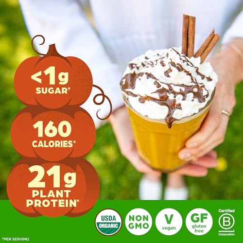 Image of Orgain Organic Vegan Protein Powder, Pumpkin Spice Seasonal Flavor - 21g of Plant Protein, 5g Prebiotic Fiber, No Lactose Ingredients, No Added Sugar, Non-GMO, For Shakes & Smoothies, 1.02 lb