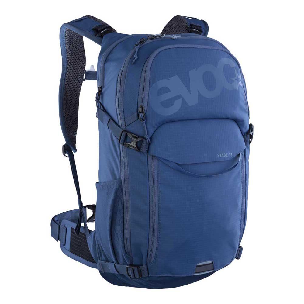 EVOC STAGE 18, backpack (adjustable shoulder straps with BRACE LINK, AIR FLOW CONTACT SYSTEM, incl. hydration bladder compartment, tool compartment and compression straps, one size), denim