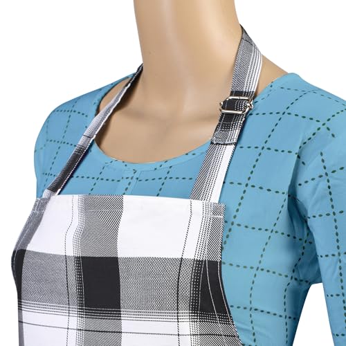 Image of Cotton Kitchen Apron Pack of 2, Checkered Cooking Apron for Women & Home Cooks, Adjustable Strap, Large Pockets, Black and White