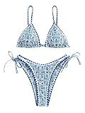 ZAFUL Women's Swimsuits Boho Floral Print Triangle String Thong Bikini Set Sexy High Cut Swimwear Bathing Suit Blue