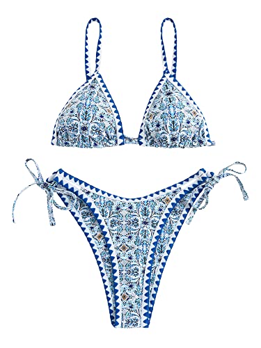 ZAFUL Women's Swimsuits Boho Floral Print Triangle String Thong Bikini Set Sexy High Cut Swimwear Bathing Suit Blue