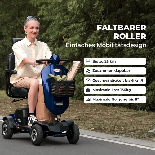 Komfortowy skuter elektryczny dla dorosłych, 4-kołowy, silnik 300 W, zasięg 25 km, obracany o 360° zagłówek, przednia szyba, opony pneumatyczne, amortyzator, USB, uchwyt na napoje, LED, czerwony