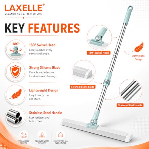 Image of Floor Wiper with Silicone Blade, Magic Broom Water Squeegee, 180 Swivel Head with Adjustable Long Handle for Bathroom, Tiles, Marble, Glass, Balcony & Floor Cleaning, Sage Green