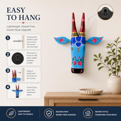 Image of Framing Hub - Handcrafted Multicolor Wooden Cow Head Wall Hanging | Ethnic Indian Wooden Art | Decorative Animal Face Mask for Home Decor | Nandi Style Painted Wall Sculpture