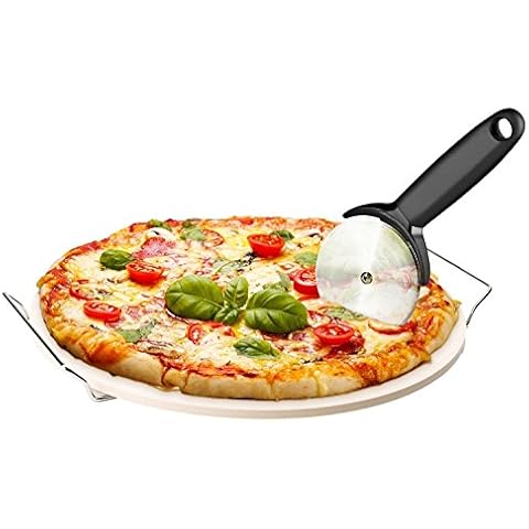 Chef's Star 15 Inch Ceramic Pizza Stone for Oven, Outdoor and Indoor Chrome Plated Serving Rack Pizza Pan with Pizza Cutter Cover