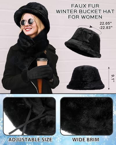 Chuarry 3 Pcs Winter Warm Fleece Hat Scarf and Gloves Set for Women Black Furry Bucket Hat Fur Collar Scarf Touchscreen Gloves Fluffy Warm Winter Gift for Women Outdoors3
