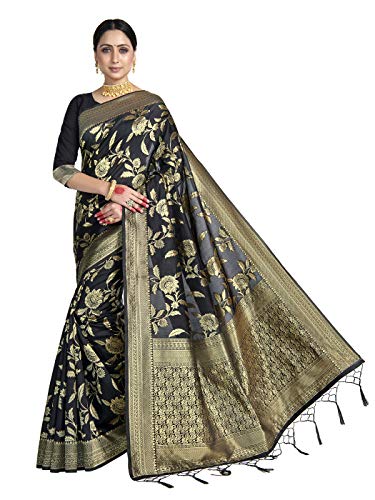 Vardha Sarees for Women's Banarasi Art Silk || Indian Ethnic Wedding Woven Saree Gift Sari with Non Stitched Blouse Black