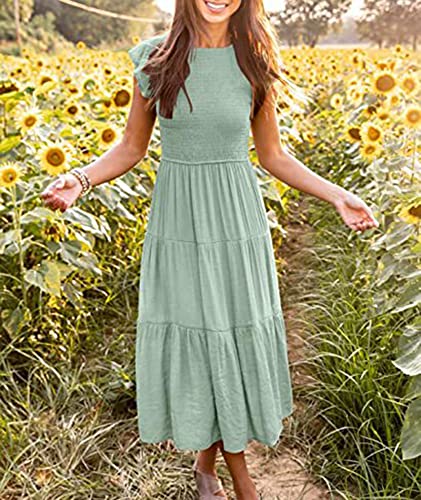 Image of Sexyshine Women's Square Neck Halter Lace Up Criss Cross Maxi Dress Tie Back Sleeveless Smocked Ruched A Line Dress