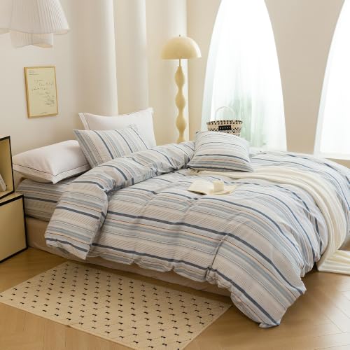 Image of Blue Striped Duvet Cover Bedding Set 100% Washed Cotton Linen Like King