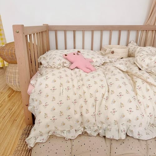 BuLuTu Cute Floral Print Toddler Duvet Cover Soft Muslin Cotton Duvet Covers for Kids Girls Bedding Comforter Protector, 60"x78", Azalea Print (No Pillowcases) - Thumbnail 5