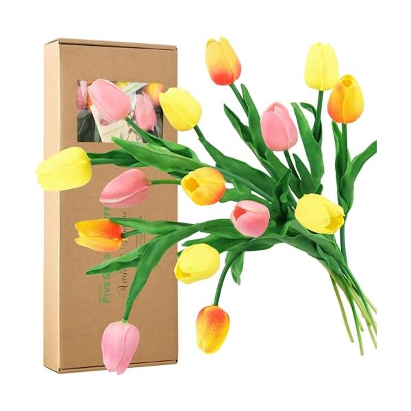 Fiveseasonstuff 15 stems real touch artificial tulipslifelike faux flowers for home weddings gifts spring floral decor festive bloomorange yellow pink  urban country home decor