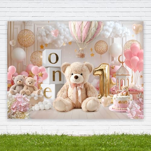 Riyidecor One Year Old Birthday Backdrop Cute Bear 1st Birthday Decor Hot Air Balloon Cloud 7Wx5H Feet Polyester Fabric Baby Kids Photography Background Lovely Table Decor Banner Studio Photo Shoot - Thumbnail 4