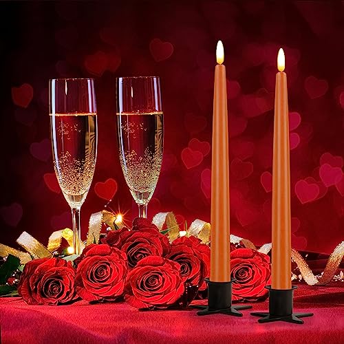 Image of CVHOMEDECO. Flameless Taper Candles with 10-Key Remote, Battery Operated Led Flickering 3D Wick Window Candles Real Wax Finished Home Christmas Party Decor 0.78 x 11 Inch, Pack of 2 (Orange)