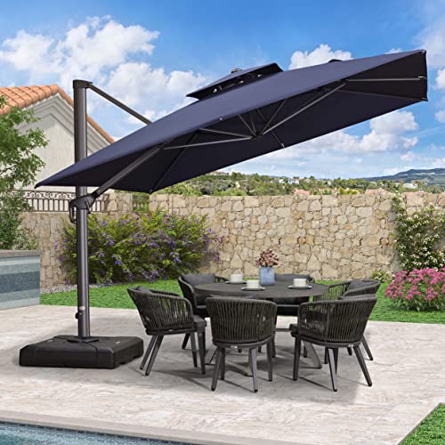 Purple Leaf 11Ft Cantilever Outdoor Umbrellas Large Patio Umbrella Hanging Double Top Square Offset Umbrella With 360°Rotation Tilting Umbrella Outdoor Patio, Navy Blue #TOP14