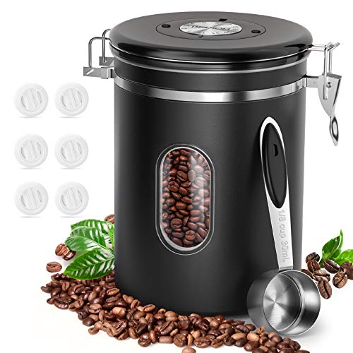 Coffee Food Canister with Scoop HOKEKI Airtight Stainless Steel Food Jars Kitchen Container for Beans Grounds Tea Sugar Flour and Dry Goods Storage with Clear Window 22oz Black