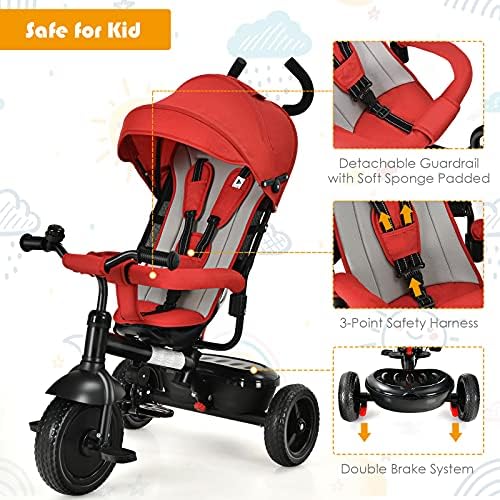COSTWAY Baby Tricycle, Toddler Stroller Kids First Bike with Adjustable Parent Handle & Seat, Removable Canopy, Foldable Footrest, Bell and Storage Box, Double Brake Push Trike for 1-6 Years Old