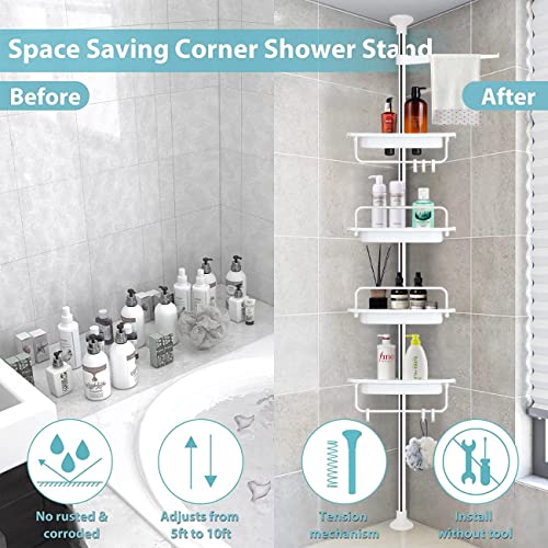 Rustproof Shower Caddy Corner, Shower Organizer With Tension Pole, 4 Tier Adjustable Shelves With Shower Storage, Stainless Shower Shelves, Drill Free Shower Rack, 56-114 Inch, White #TOP2