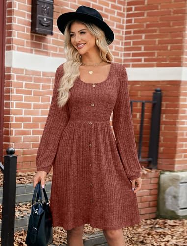 JUSTFASHIONNOW Womens Knit Dress Long Sleeve Knee Length Dresses Button Fall Dress with Pockets Trendy 20254