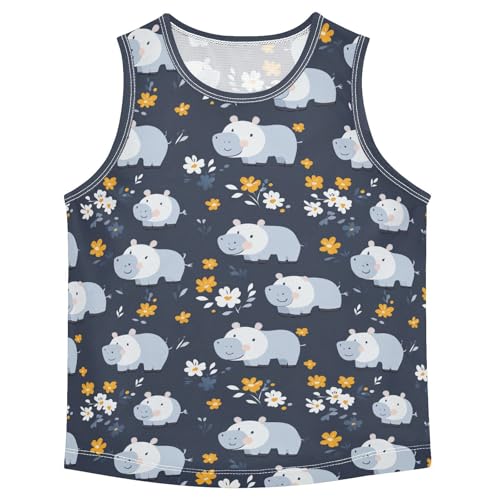 Boys Tank Top Shirts Hippo Cartoon Animal Flower Sleeveless T-Shirts Crew Neck for Kids Clothing Children - Main Image