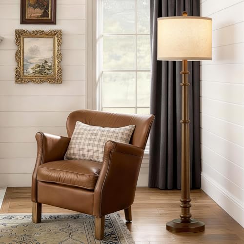 Image of Floor Lamps for Living Room - 60 inch Farmhouse Floor Lamp with Adjustable Color Temperatures - Vintage Standing Lamp Reading Light with Linen Shade Rustic Tall Lamp for Bedroom Office, Wood , Walnut