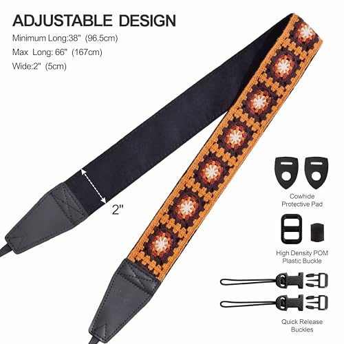 Image of Padwa Lifestyle Yellow Crochet Camera Strap - 2 inch Full Grain Leather Ends Camera Straps for Photographers, Vintage Embroidered Cotton Soft Suede Fabric Padded Strap with Quick Release fits All Cameras