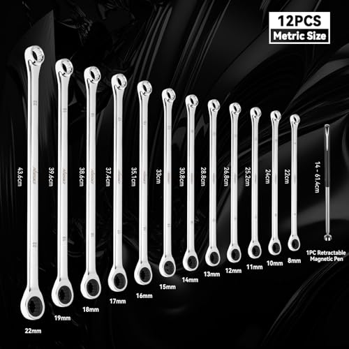 DISEN 12 + 1 pcs Extra Long Ratchet Wrench Set, Metric 8-22mm Double Box End Ratcheting Wrench Set with a Magnetic Pickup Tool, Secret Santa Gifts for Men, Stocking Fillers for Men Christmas Birthday by DISEN - Image 2