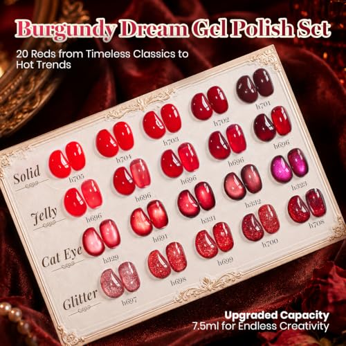 Image of Beetles Red Gel Nail Polish Set, Jelly Glitter Cat Eye Solid Color | 20 Colors Shimmer Magnetic Nail Gel Kit with Base Coat Top Coat Matte Top Coat, LED UV Light Cure Soak Off Nail Art Manicure