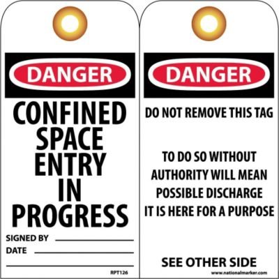 NMC RPT126G "Danger - CONFINED Space Entry in Progress" Accident Prevention Tag with Brass Grommet, Unrippable Vinyl, 3" Length, 6" Height, Black/Red on White (Pack of 25)