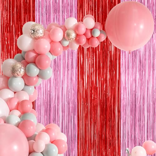 Image of ZATAYE 2 Pack Red Pink Valentines Foil Curtain Streamer Decorations | Red Pink, Metallic Foil, 3.28 x 7.05 FT, Tinsel Backdrop, Foil Curtain Streamer, Valentines Party Decorations