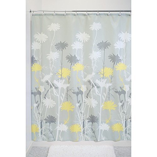 Sunvp Home Cortina de Bañera Cortina Baño Cortina de Ducha Impermeable y Resistente al Moho Cortina Delgada del las Telas Opaca Cortina, Con 12 Anillos Anticorrosivo, Fondo Color es Gris Claro con Flor en Blanco, Amarillo y Gris Oscuro