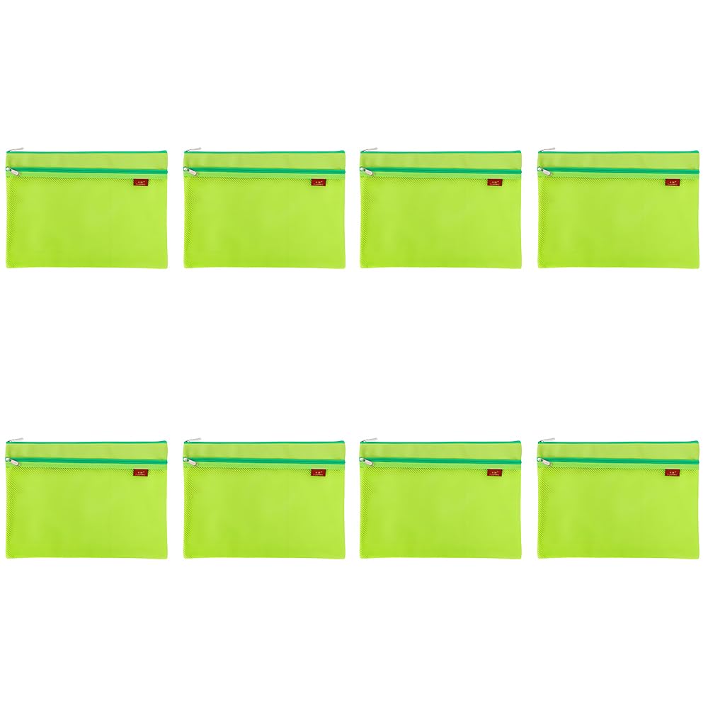 8Pcs A4 Mesh File Zip Bags, Folder Wallets Zipper Pouch Oxford Clear Mesh Bag Double-Layer Grid Document Storage Receipt Organizer Bag for Office Home School Supplies Green