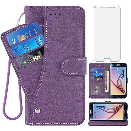 Compatible with Samsung Galaxy S6 Wallet Case and Tempered Glass Screen Protector Flip Credit Card Holder Stand Cell Accessories Phone Cover for Glaxay S 6 Gaxaly 6s Galaxies GS6 SM-G920V G920A Purple