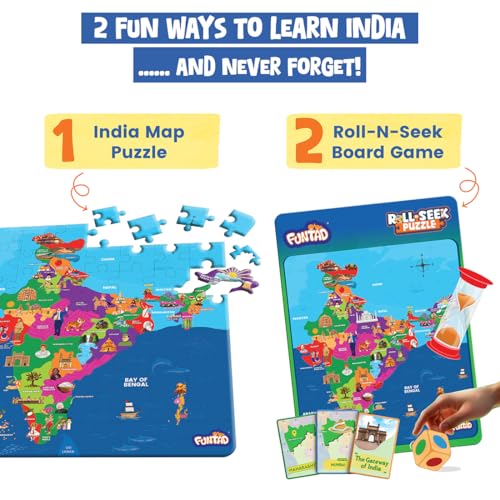 Image of Roll N Seek India Map - Educational Board Game & Puzzle | Learn Indian Sate, Capital and Interesting Facts| State Shaped Puzzle (72 pcs)| Return & Birthday Gift for Boys & Girls Age 6-12 yrs