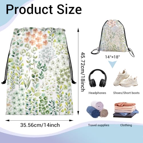 Image of Drawstring Bag Green Leaves Flowers Waterproof Storage Bags for Travel Pool Cycling