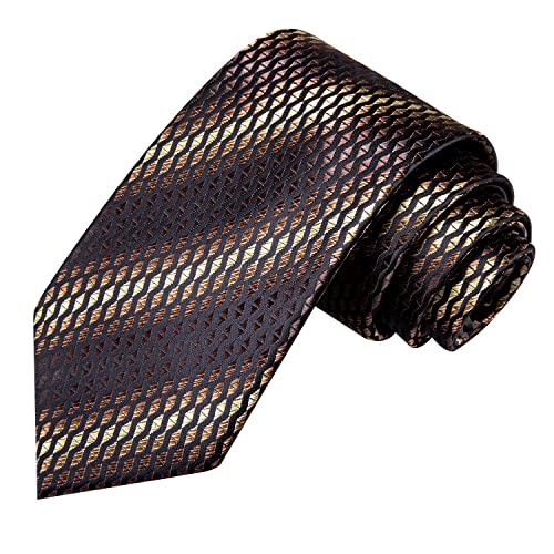 Image of Hi-Tie Black and Brown Striped Ties Men Woven Formal Necktie Lapel Pin Pocket Square Cufflinks Sets Formal Business Wedding