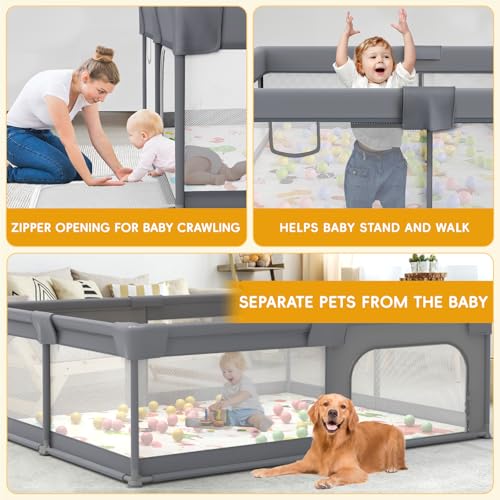 JIKPO Laufstall Baby 180x150cm, Stabiler Sicherheits Extragroßer Laufgitter für Babys und Kleinkinder, Kleines Laufstall 300D Oxford Geweb mit 2 Reißverschlusstür und Atmungsaktivem Netz, Dunkelgrau