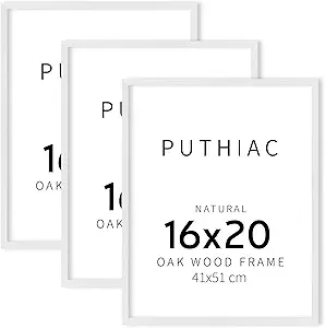 puthiac 16x20 White Picture Frames for Wall - Minimalist 16x20 Oak Wood Frames, 16"x20" Picture Frame Wood, Natural Solid Wooden Picture Frames for Wall Art Photo and Prints (3 Pack, White)
