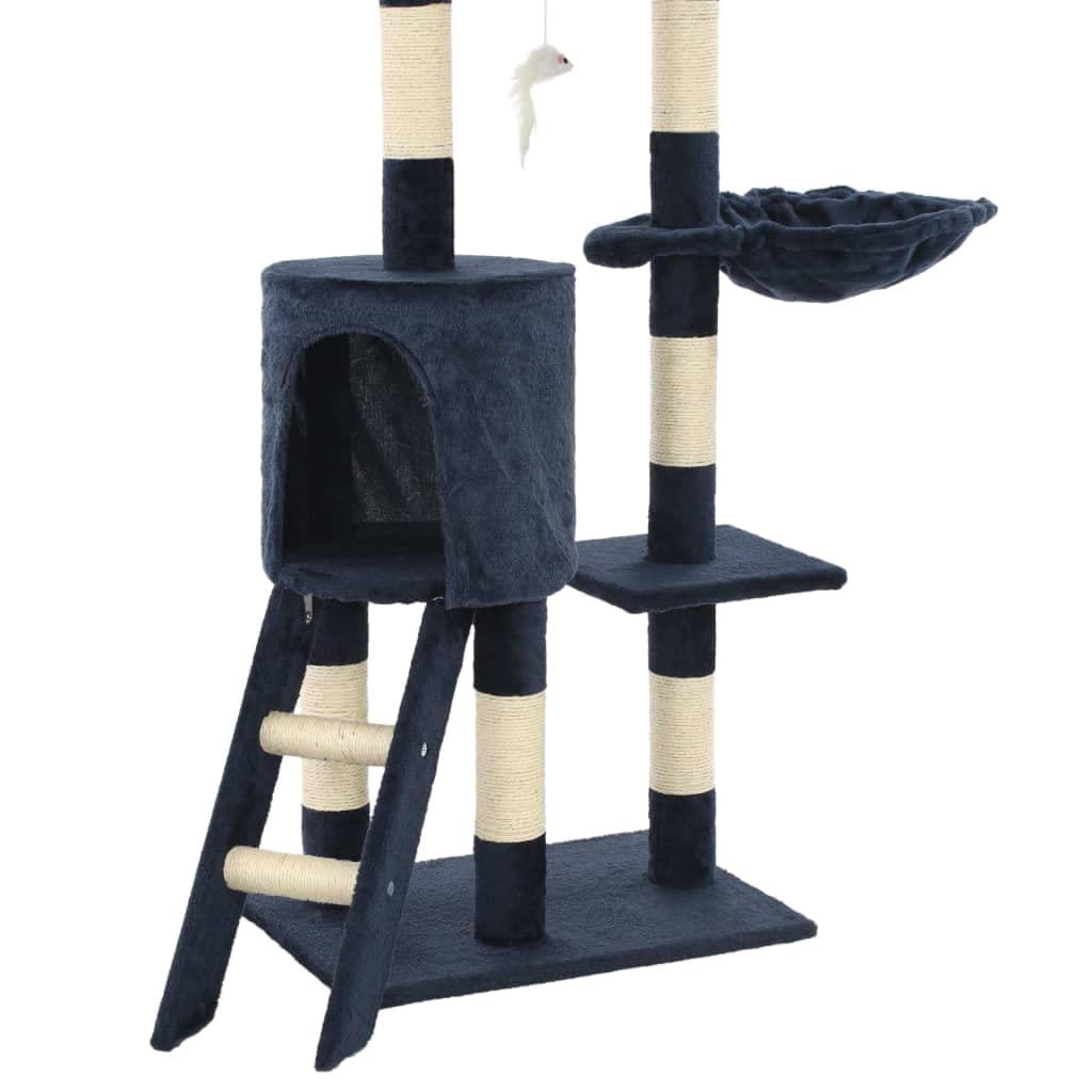 Katzen-Kratzbaum 138 cm Dunkelblau mit Sisal-Säulen | Stabiler Kletterbaum fürs Wohnzimmer mitAussichtsplattform, kuscheligem Unterschlupf und 3 Spielmäusen.