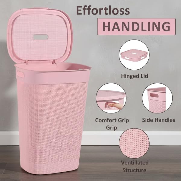 Image of KITCHIVO Plastic Large 55 Ltr Laundry Basket with Lid & Handle | Multipurpose Hamper Bins Storing Washable Clothes, Blankets | Household Ideal for Home & Bathroom (Woods Peach Laundry Basket)