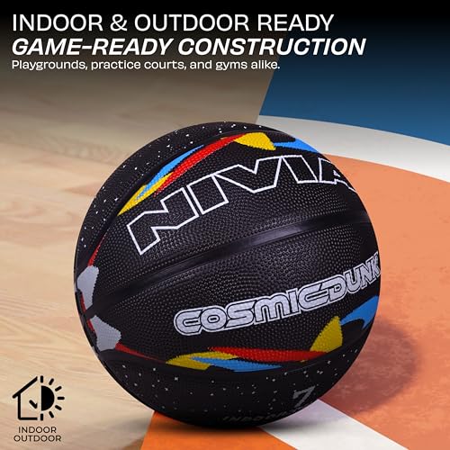 Image of Nivia Cosmic Dunk Basketball, for Men & Women, Durable Molded Rubber Ball with Pebbled Grip, Butyl Bladder, and Nylon Winding for Indoor & Outdoor Play (Size 7, Multicolor)