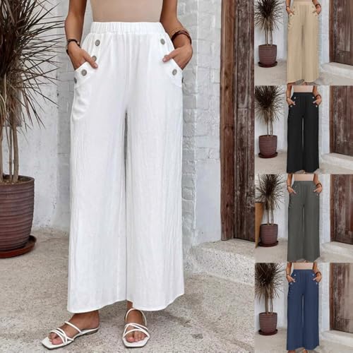 Womens Loose Casual Pants Elastic Waist Wide Leg Trousers Cotton Pants Pockets with Button4