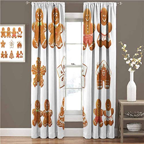 Jengibre hombre para dormitorio cortinas opacas vívidas lindas Navidad jengibre galletas set copo de nieve casa árbol cortinas opacas para la sala de estar W54 x L95 pulgadas marrón claro blanco