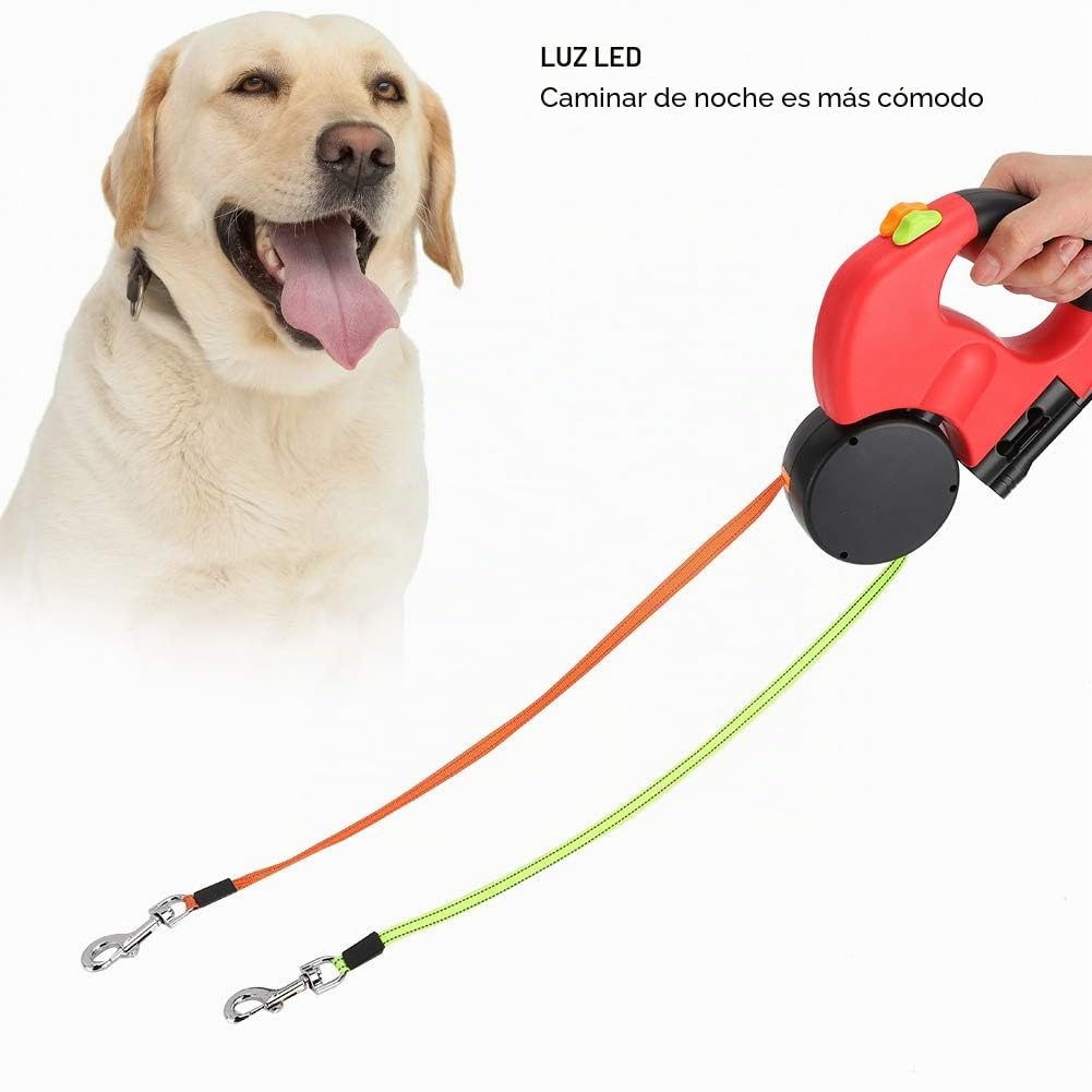 Correa Retráctil LED para Perros Doble Cabeza Antienredos Trabajo Pesado Roja