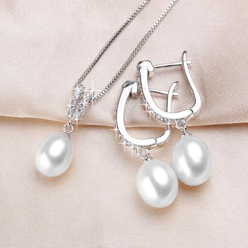 Pearl Jewelry Set For Women with Cubic Zirconia Freshwater Pearl Pendant Necklace & Earrings 925 Sterling Silver for Wedding Prom Gift2