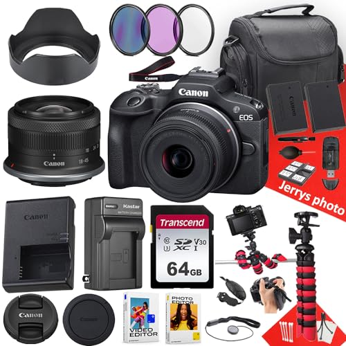 Canon EOS R100 Mirrorless Camera with RF-S 18-45mm f/4.5-6.3 is STM Lens + 64 GB Memory + Hood + Extra Battery + Battery Charger + Filters + More (26pc Bundle) (Renewed), Black